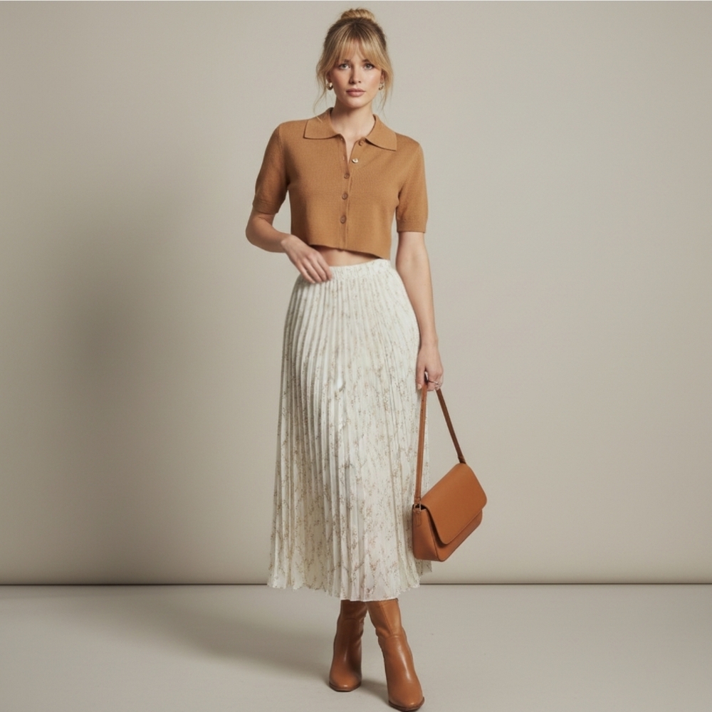 Vintage 70s Style Pleated High Waisted Ankle Cut Floral Maxi Skirt